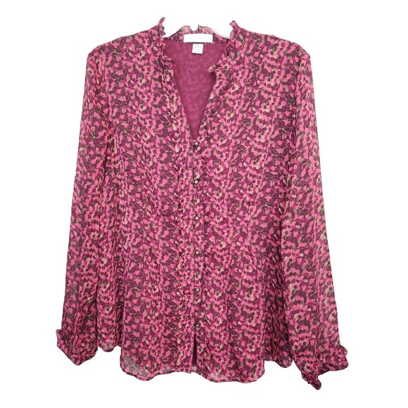 Coldwater Creek Chiffon Abstract Print Ruffle Accent Lined Button-Up Shirt Sz L - Picture 1 of 6